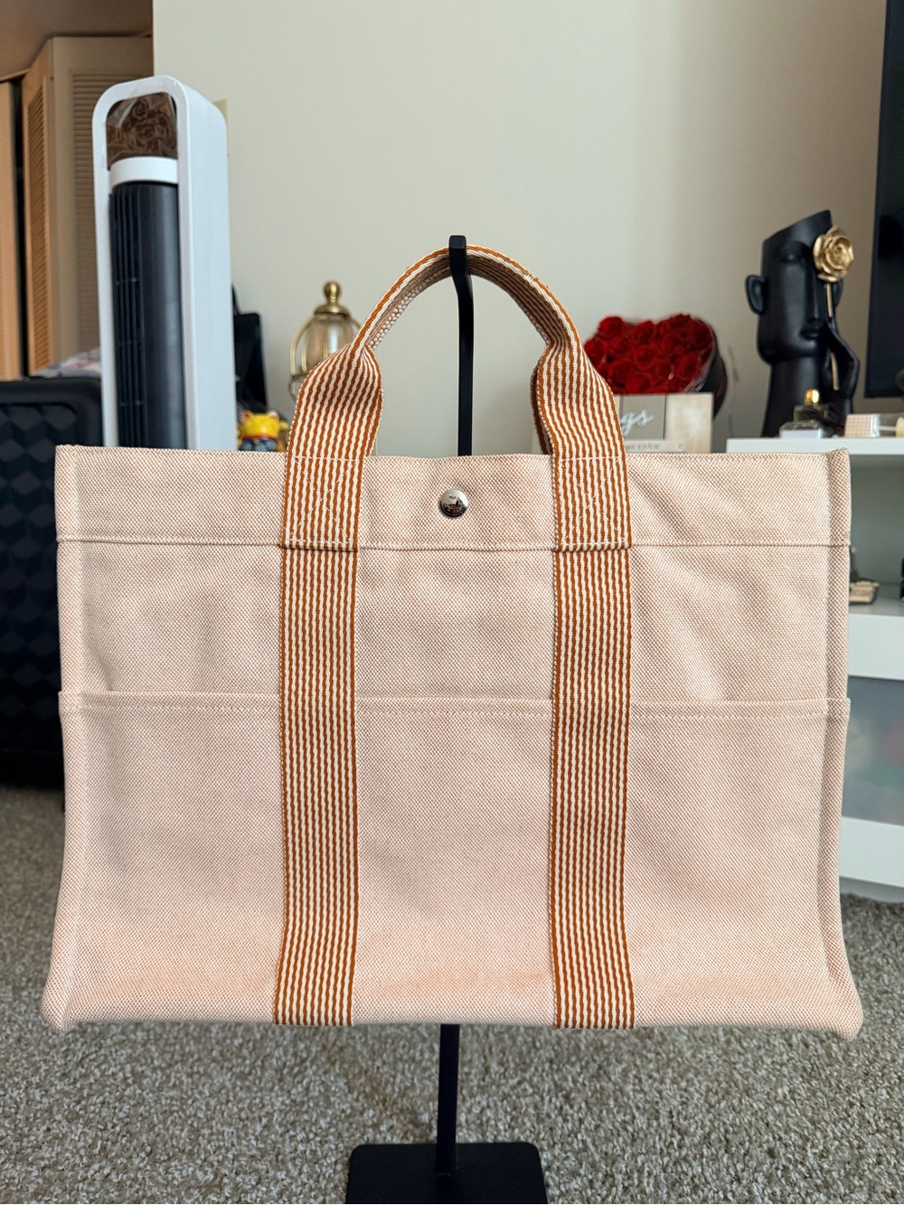 Authentic HERMES Fourre Tout MM Canvas Tote Bag Orange Beige Vintage